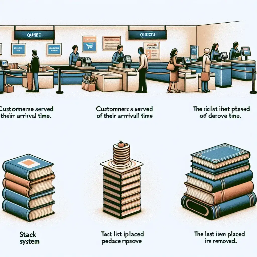 Sure! Here’s an SEO-optimized alt text for an image featured in an article titled "Stack & Queue dalam Kehidupan Nyata": "Ilustrasi stack dan queue dalam kehidupan sehari-hari, menunjukkan cara kerja struktur data dengan contoh seperti tumpukan buku (stack) dan antrean antrian di bank (queue) untuk membantu pemahaman konsep pemrograman." This alt text includes relevant keywords and clearly describes the content of the image, making it both user-friendly and aligned with SEO best practices.